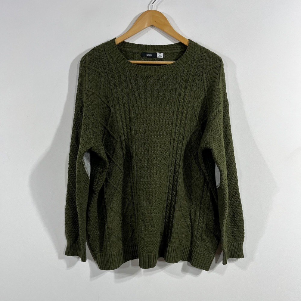 BDG Fisherman Preppy Granola Green Cable Knit Sweater Elbow Patches Womens Small